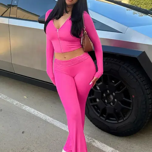 Women's Solid Knitting Zip Up Zipper Hooded Crop Tight Hoodie & High Waist Flare Leg Pants Set, Casual Long Sleeve Top & Bell Bottom Trousers, Ladies Spring & Fall Fashion Clothes Womenswear