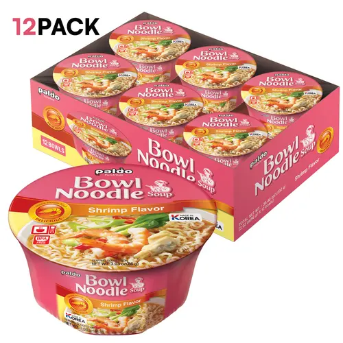 [Paldo Official] Savory Seafood Shrimp Flavored Instant Cup Noodle Soup Bowl, 86g (3.03 oz) x 12 Pack, Oriental Korean Ramyun, Pantry Food Staple