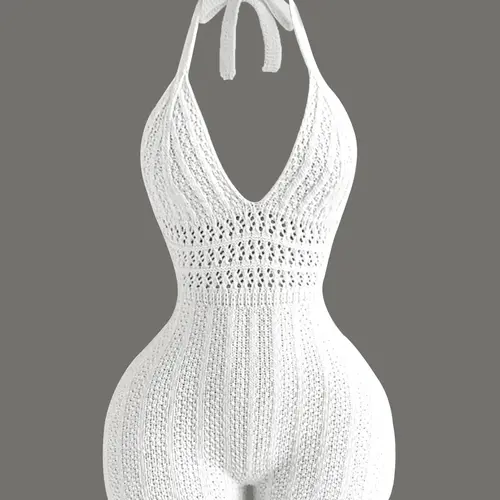 Women's Knitted Halter Neck Bodysuit One-Piece Jumpsuit, Hollow Out Pure Color Backless Tie Shorts, Casual Fashion Spring Summer Wear