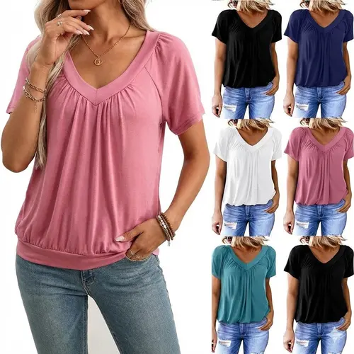 PHEFEE Women's Essential Short-Sleeve V-Neck Tunic Top - Knitted, Loose-Fit, Pleated Front Drapery Summer Tee for Leggings, Skinny Skirts, Chic Outfits