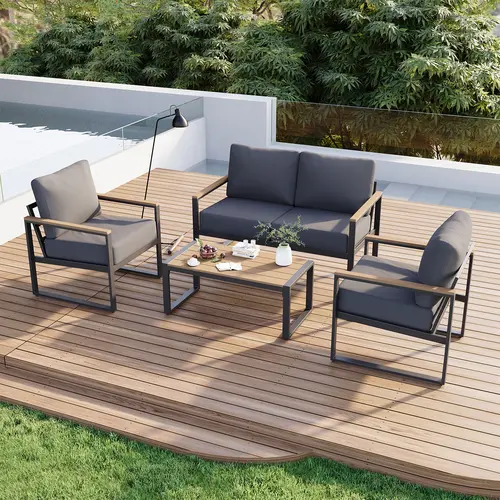 【2 Packages Shipping】Aoxun Patio Furniture Set, 4 Piece Outdoor Patio Furniture with Thick Cushions, Modern Metal Outdoor Conversation Sets with Coffee Table for Porch, Balcony,Beige/Drak grey, Garden Conversation Sets, Patio Sofa Set
