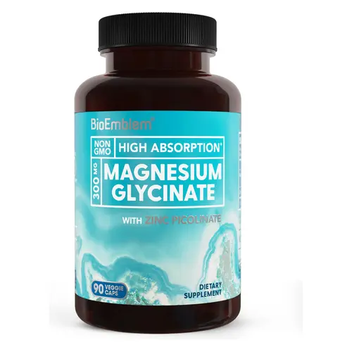BioEmblem Chelated Magnesium Glycinate 300mg Bisglycinate Chelate Supplement with Zinc - Adults, Heart Health, Energy Support - Natural, Vegan, GMO-Free, Allergen-Free (Dairy, Gluten), c-GMP Certified - High Absorption - 90 Capsules