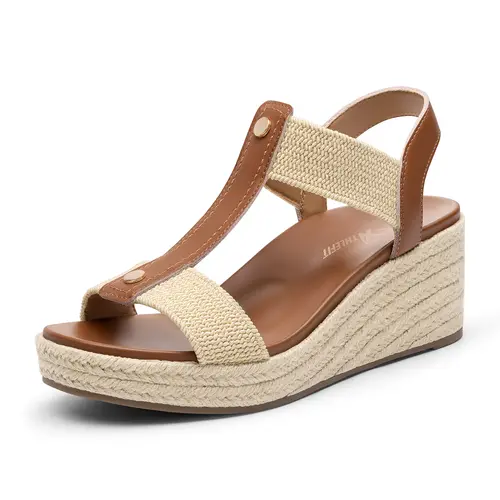 Women's Faux Leather Espadrille Flatform Sandals - Open Toe T-Strap, Breathable Elastic Ankle Strap, Fashionable Comfy Casual Wear Dressy Summer Footwear