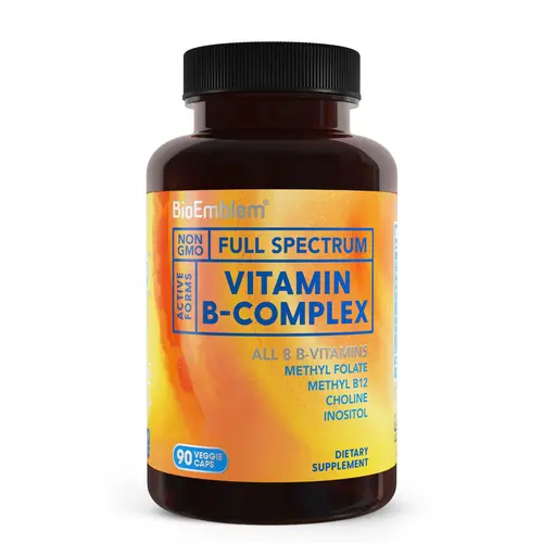 BioEmblem GMP Certified Gluten-Free B-Vitamin Complex Supplement for Adults - All 8 B-Vits, Methyl Folate, Methyl B12, B6, Biotin, Choline, Inositol - Vegetarian Caps, Helps Cells Produce Energy, Supports Metabolism, Brain Health - 90 Capsules, Vitamins C