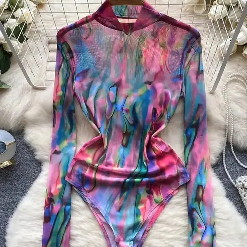 Women's Tie Dye Print Long Sleeve Bodysuit, Casual High Neck Bodysuit, Ladies Clothes for Spring & Fall, Casual Fashion Bodysuit