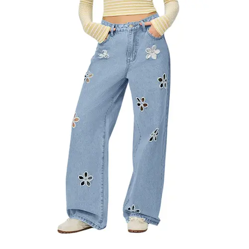 Chouyatou Women's Loose-fitting Hollow-out Floral Wide-leg Jeans  Y2K Boyfriend Style  Mid-rise Stick Jeans with Pockets,back to school shopping