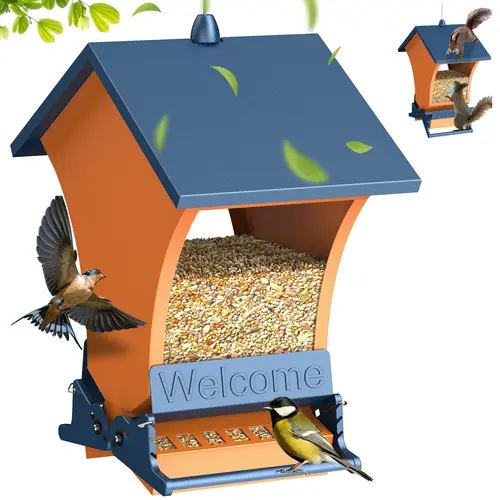 Squirrel-Proof Bird Feeder - Bright Orange Rust-Resistant Coat Metal Body, 5lb Seed Storage, 15-Inch Hanging Rope, Transparent Panels, Easy to Hang & View, Durable Tool for Cardinals, 200g-350g Spring Gift for Nature Lovers