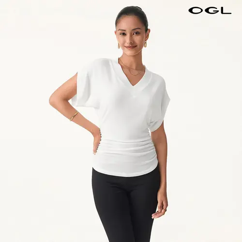 OGL Semi-sheer Lyocell Cashmere Blend V-neck Short Sleeve Side Ruched Tee TikTokShopSummerSale