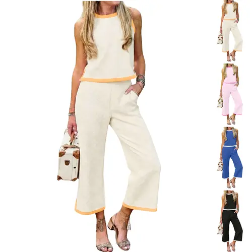 UANEO Two Piece Sets for Women Color Block Cami Top Wide Leg Pants Set Summer Travel Vacation Outfits