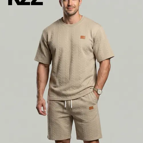 KZZ Menswear 2-Piece Short-Sleeve Set - Men's Regular-Fit Round Neck Solid Textured Patched Look Tee & Drawstring Waist Pocket Shorts, Summer Casual Outfits