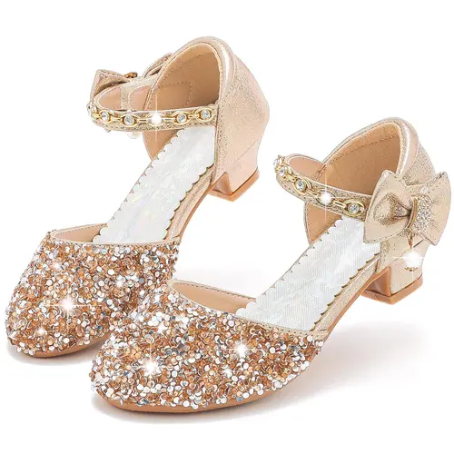 Girls' Fashionable High Heels Sandals - Toesafe Close Toe, Glitter Straps, Rhinestones, Butterfly Bow-Top Charm, Shiny Toe Detail, Hook-and-Loop Closure, Formal Party Wear for 10 Toddler & Big Kid, Indoor-Outdoor Use