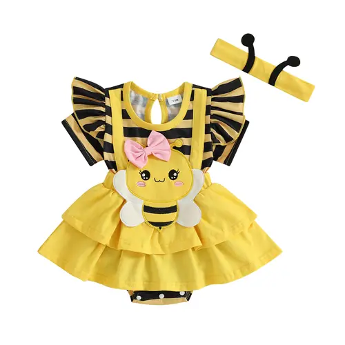 Ma&Baby Newborn Baby Girl Summer Clothes Short Sleeve Bee Patch Romper With Headband Cute Infant Girl Clothes 0-18M