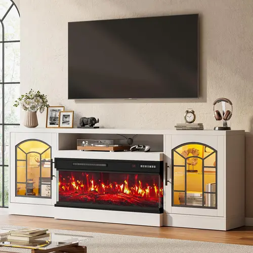 PUKAMI 70" Electric Fireplace TV Stand with 3-Sided Glass, 36" Fireplace Entertainment Center with Storage Cabinets for 80" TVs, Living Room Furniture with Quick Set Up & Living Room Decor, Tv Stands, Furniture Living Room