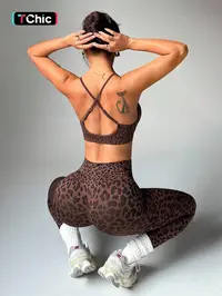 Women's Spring Summer Leopard Print Two-Piece Set, Adjustable Straps Backless Top + High Waist Slim Fit Pants, Moisture Wicking Yoga Fitness, Stretchy Sports Outfit