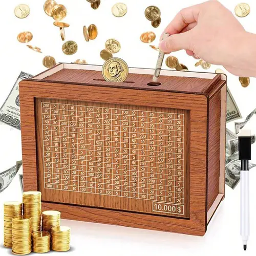 Wooden Cash Vault Rectangular $10,000 Savings Challenge Money Box with Lid - Cash Coin Jar, Coin Piggy Bank, Birthday Gift with Purpose for Kids, Home Decor Supply with Wooden Premium Feels & Progress Saves Tracking