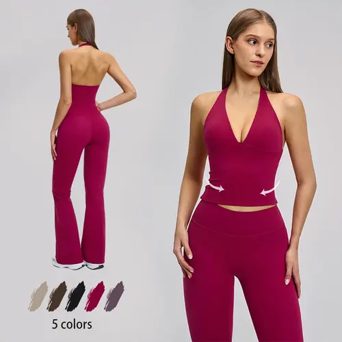 NVWA  Women's Summervibes 2-Piece Athleisure Workout Set - Sleeveless Deep V Backless Tank Top & High-Waisted Flared Pants, Skin-Friendly Breathable Summer Sportswear, Suitable for Gym & Yoga, 2 Piece Sets, Workout Sets For Women Outdoor Fun,summerwins