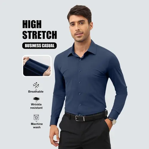 Alimens&Gentle Dress Shirts 16-Way Stretch Slim Fit Long Sleeve Button Down Business Casual Shirts Wrinkle Free Traveler Shirts Top Menswear