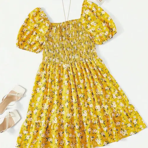 Women's Plus Size Plain / Ditsy Floral Print Shirred A Line Dress, Boho Casual Short Ruffle Hem Square Neck Sleeves Dress for Beach Vacation Holiday, Women's Clothes for Summer