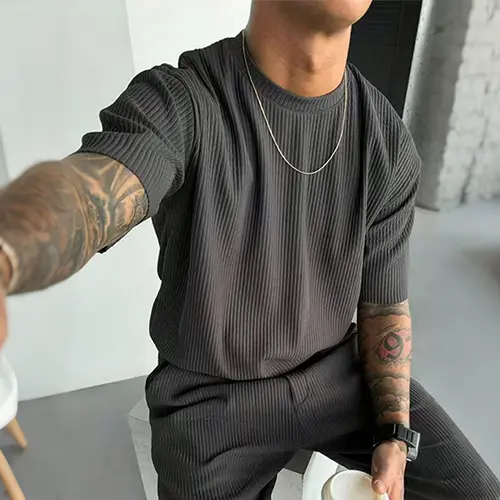 Men's Regular Fit Striped Trim Ribbed Tee, Casual Short Sleeve T-shirt for Summer, Fashion Men's Top for Daily Wear