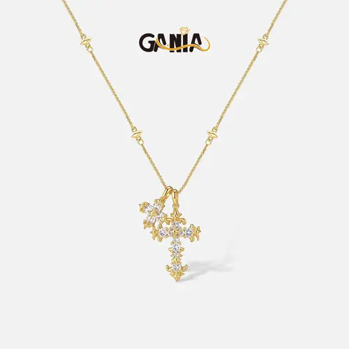 GANIA Gold-Plated Iris Flower Cross Necklace – Electroplated Finish (Brass Base), Christian Symbol Pendant, Unisex Gift for Daily Wear