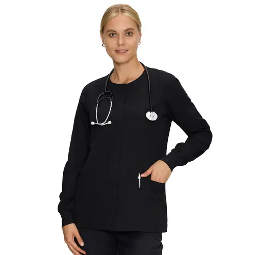 COZYFIT Women's Scrub Jacket - Snap Front Nurse Workwear with 3 Pockets, Easy-Care Soft Fabric for Summer Vibes, Black Lady Clothes, Women's Scrubs