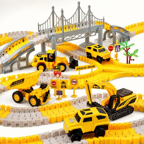 NETNEW 276-PCS Kids' Construction Track Set, Cool Gifts for Kids, Electric Remote Control Construction Vehicles with Dump Truck, Excavator, Race Cars, Bridge, Road Signs & Flexible Tracks