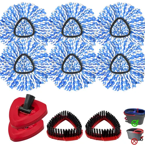 Mop Heads Replacements for O-Cedar RinseClean 2-Tank Spin Mop, Mop Replace Head for O Cedar, Mop Heads Include 6 Pack Mop Refills, 2 Scrubber Mop Heads, 2 Mop Base, Reusable, Easy to Replace