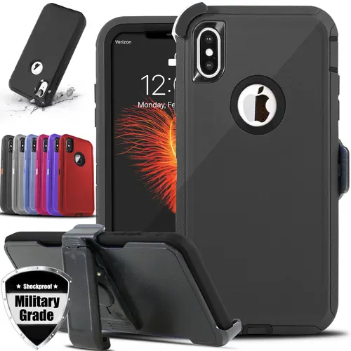 Heavy Duty Shockproof Smartphone Casing, Protective Rugged Cover with Holster Belt Clip for iPhone X, XR, Xs Max - Mobile Phone Accessories, Device Protector for Compatible Devices, Cellphone