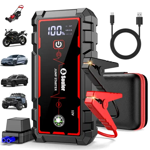 Soulor Portable 3000A Car Jump Starter 12V Battery Booster Power Bank with Smart Jumper Cables, LED Flashlight, LCD Display, USB Type-C Fast Charging for Cars SUVs Trucks Motorcycles