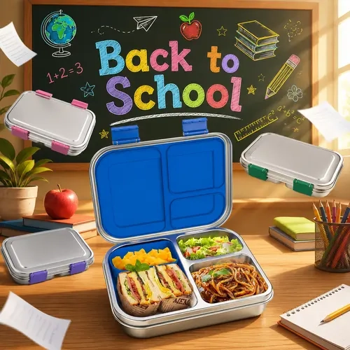 PAWTONG Stainless Steel Kids Leak-Resistant Bento Lunch Box, 3-Compartments with Silicone Container, Dishwasher-Safe, Child-Friendly Design for School, Picnics & Travel,BPA-Free Blue #Summerwins,home essentials