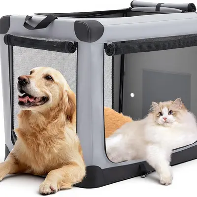 Foldable Dog Crate 24/30/36/42 Inch – Portable Soft Pet Carrier for Small to Large Dogs, Travel Cat Kennel with Storage Bag & Washable Pad, Indoor Outdoor Use, Black/Gray