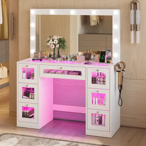 CollaredEagle Large Wood Vanity Makeup Desk With Mirrors & LED Lighted Mirror, Tempered Glass Top, 7 Storage Drawers, RGB Lights, 11 Adjustable Lights, Power Outlet, Touch & Remote Control for Bedroom