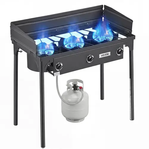 【FathersDayGift】VEVOR 3 Burner Outdoor Propane Gas Stove, 225,000 BTU Propane LPG Gas Camping Stove, Heavy-duty Carbon Steel Outdoor Cooker, with Shield & Tall Stand & Regulator, for BBQ Camp Home Patio Backyard,father'sdaygifts,campingessentials,campingg