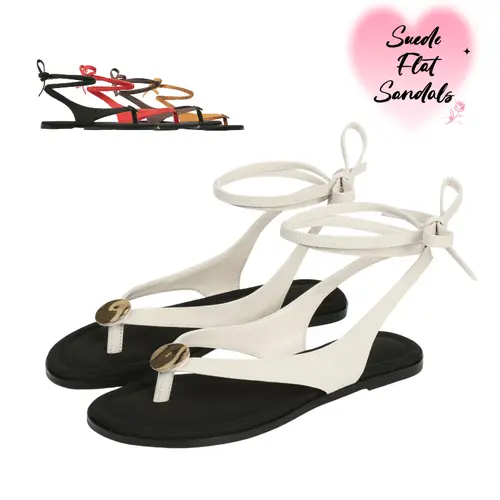 Women's Soft Suede Flat Sole Sandals - Open Toe, Ankle Strap, No-Tie Thong Slides with Metal Circle Novel Design, Multi-Size, Great for Casual Outings & Summer Outdoor Wear