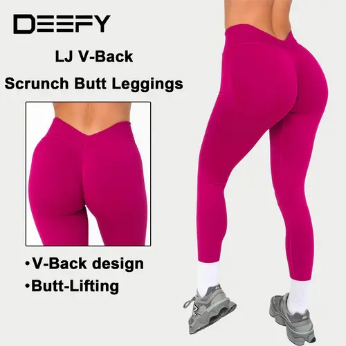 DEEFY LJ V-Back Scrunch Butt Leggings Women's High Waisted Tummy Control Workout Pants