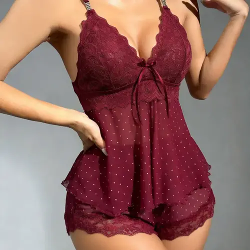 Women's Polka Dot Mesh Pajama Set with Bow Front Accent, Elegant Comfortable Sleepwear, Perfect for Sleep, Loungewear