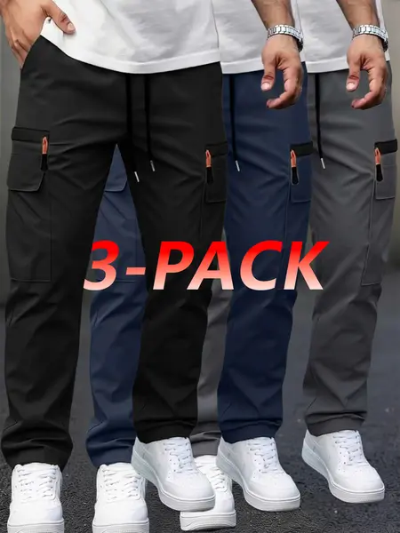 Men’s 3-pack spring/autumn outdoor lightweight quick-dry work pants: large-capacity faux zipper pockets, elastic waistband, flap cargo pockets—suitable for hiking, fishing, camping, climbing, sports, fitness, running, and everyday casual wear. Men's Plus