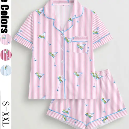 Women's Sleepwear Loungewear Set, Short Sleeve Lapel Button Top and Elastic Shorts, Soft Striped Print Pjs Set for Daily Home Wear, Pajama Set, Striped Lounge Sets