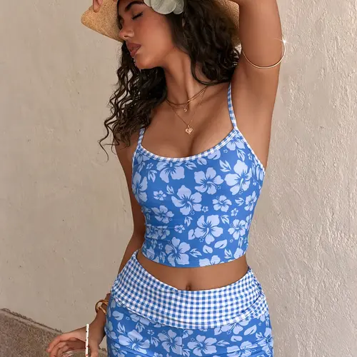 Women's Tankini Swimwear Set with Shorts, Gingham Floral Print Beachwear Tops with Built-in Bra, Y2K Casual Vacation Bathing Suit, Floral Pattern Swimsuit, Tankini Swimsuits Set