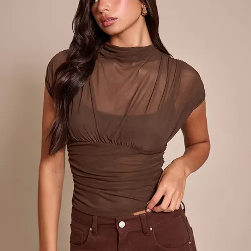 Women's Fashionable Simple Mesh-Drape Pleated Top for Commuting, Elegant Blouse, Casual Fitted All-Season Wear