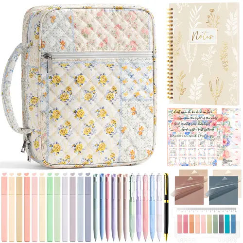 FLOE Women's Large Quilted Bible Cover Case - Stationery Organizer, Puffer Carrying Bag with Handle, Tabs Accessories, Bible Study Supplies Journaling Kit for Church, Easter Christian Gifts for Mom