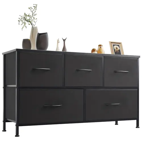Sweetcrispy 5-Drawer Bedroom Dresser - Fabric Bin Organizer Set Storage Furniture with Wood Top for Bedroom, Closet