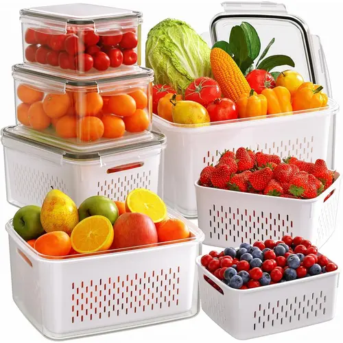 6-Pack Kitchen Fruit Storage Containers with Removable Colanders - 4-in-1 Leakproof Rectangular Fridge Organizer Utensils with Lids, Varied Volumes, Lettuce Stays Crisp, Meat Stays Separate for Produce, Salad