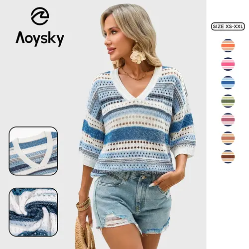 Aoysky Women's V-Neck Striped Knitwear Pullovers - Short/Long-Sleeve, Hollow-Out, Medium-Length, Plus-Size, Oversized Easy Fit, Pull-On Polyester Casual Tops, Beach-Cruise Ready for 2026