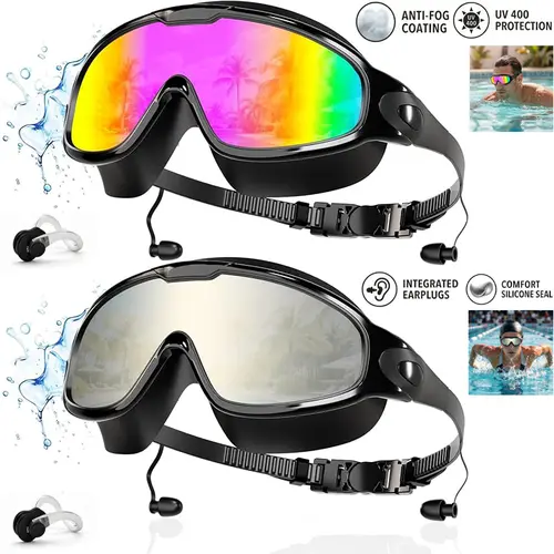 2-Pack Swim Goggles with Attached Earplugs & Nose Clips for Adult Men & Women, Anti-Fog/UV No Leak Wide View Swimming Goggles , Crystal Clear Vision, No Raccoon Eyes,  Multi-protection Swimming Goggles for Water Fun, Pool Day, Beach Trip, Lap Swimming, Sw