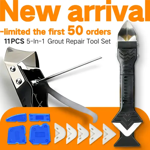 DECERK 2026 New Stainless Steel 5-in-1 Caulking Tool Kit, Corrosion-Resistant Caulk Remover with Grout Scraper, 6 Silicone Pads (3r,6r,10r,13r,15r,17r Radius), Less Sealant Waste, Great for Kitchens & Baths
