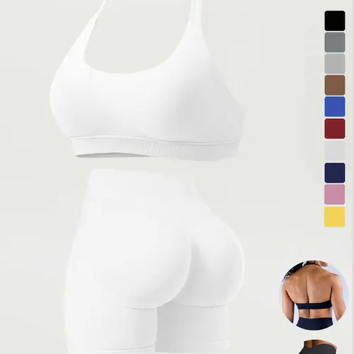 Women's High-Waisted Running Shorts Set, Stretchy Seamless Sports Bra with Removable Pads, Plain Tight-Fit Gym for All Seasons