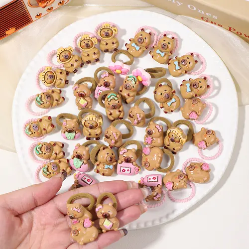 Women's 40PCS Bagged Hair Tie Set - Cute Cartoon Capybara Design, Resin Ribbed & Towel Hair Ties, Cartoon Charm Hairbands & Scrunchies, Band Set Hairbands & Scrunchies for Daily Hairstyling