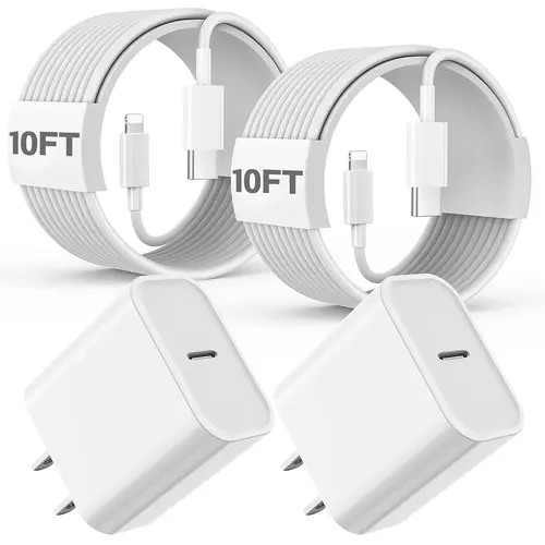 Fast Charger 10FT/6FT USB-C to Lightning Cable (2-Pack) with Type-C Charging Adapter Wall Charger Block for iPhone 14/13/12/11/X/XR. Mobile Smartphone