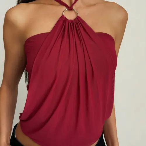Burgundy Halter Neck Ring Detail Draped Top Womens Sleeveless Backless Camisole Sexy Halter Blouse Slim Fit Going Out Party Club Night Out Y2K Chic Summer Streetwear Cowl Style Top Halterneck Sleeveless